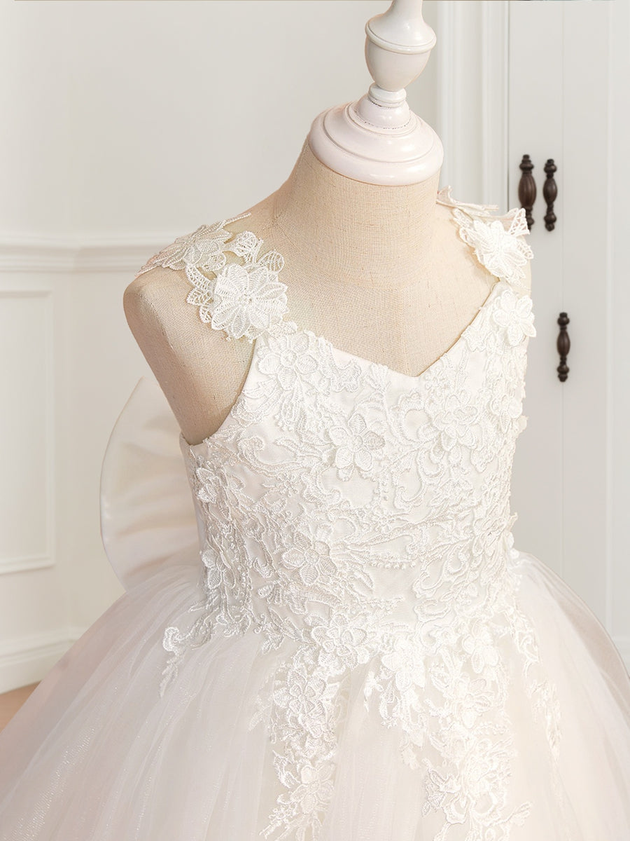 A-Line/Princess V-Neck Tulle Sleeveless Flower Girl Dresses with Bow & Appliques