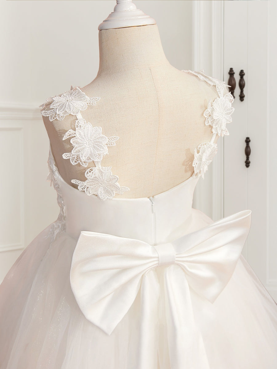 A-Line/Princess V-Neck Tulle Sleeveless Flower Girl Dresses with Bow & Appliques