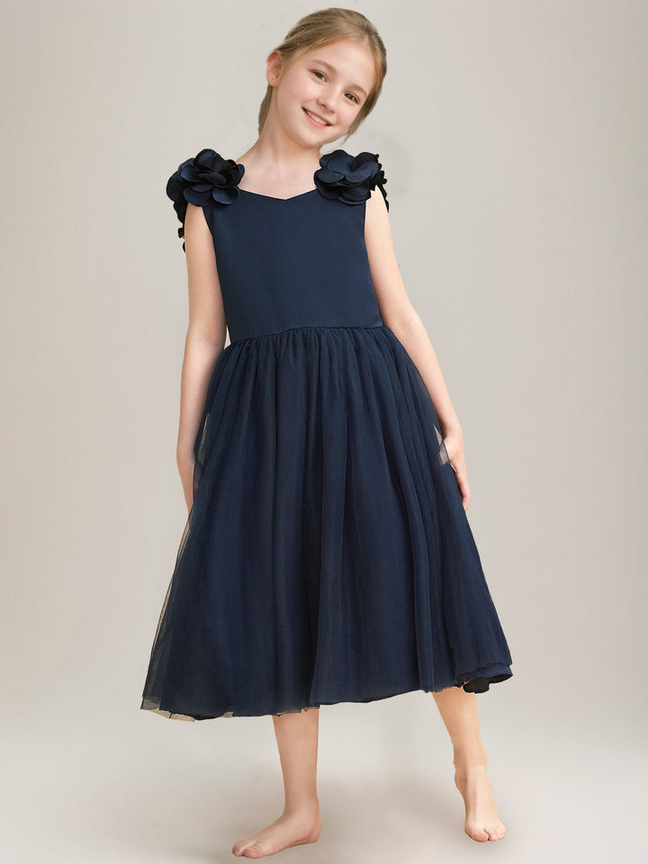 A-Line/Princess V-Neck Sleeveless Tea-Length Flower Girl Dresses with Bow & 3D Flowers