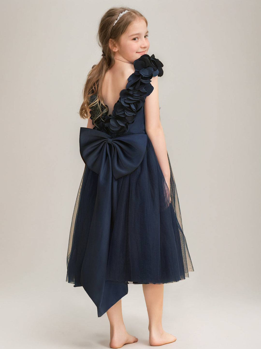 A-Line/Princess V-Neck Sleeveless Tea-Length Flower Girl Dresses with Bow & 3D Flowers