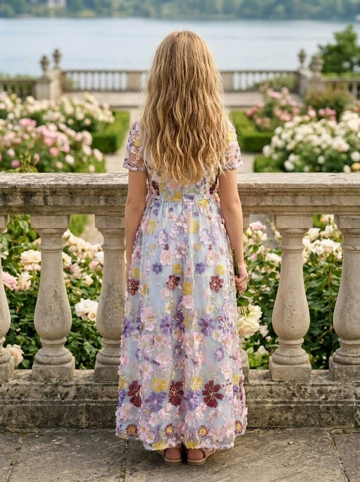A-Line/Princess Scoop Short Sleeves Ankle-Length Flower Girl Dresses Embroidery with 3D Flowers