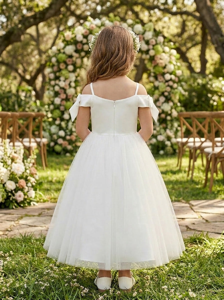 A-Line/Princess Off-the-Shoulder Flower Girl Dresses with Bowknot Tulle Ankle-Length Sleeveless