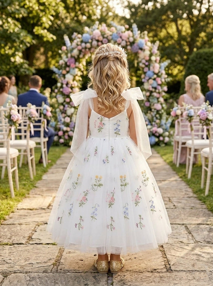 A-Line/Princess V-Neck Sleeveless Ankle-Length Flower Girl Dresses Tulle Floral