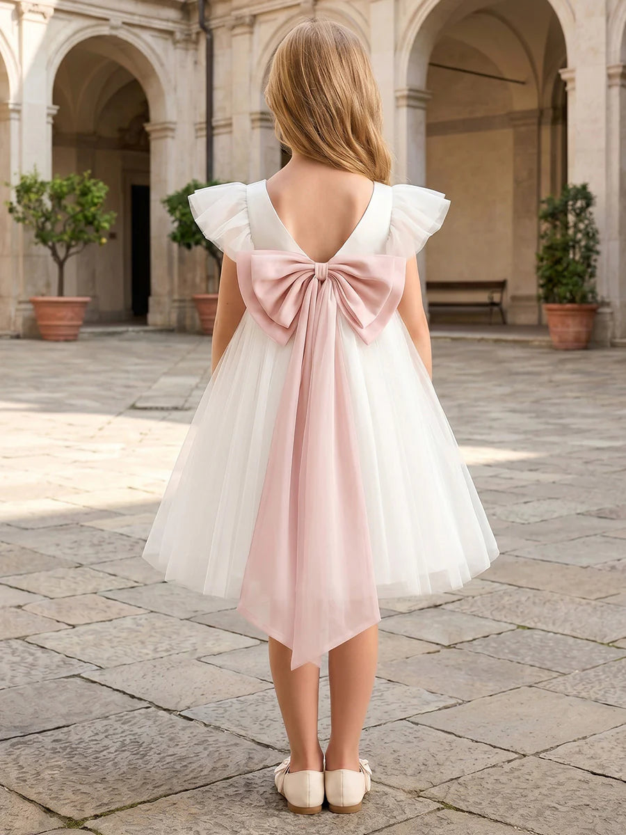 A-Line/Princess Scoop Short Sleeves Knee-Length Flower Girl Dresses Tulle with Bowknot