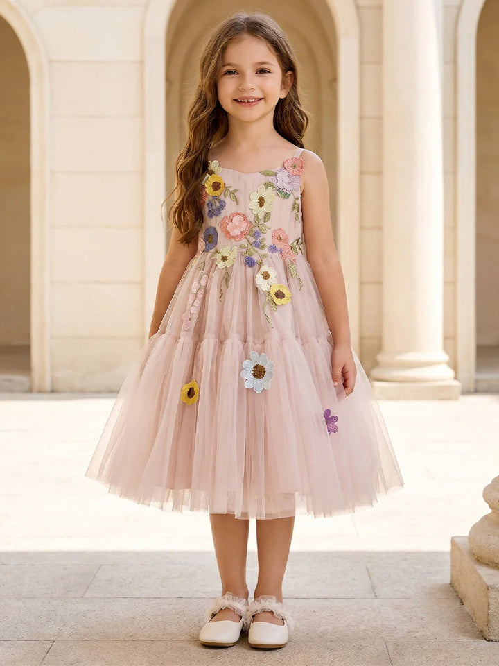 A-Line/Princess Scoop Sleeveless Tea-Length Flower Girl Dresses Tulle Floral