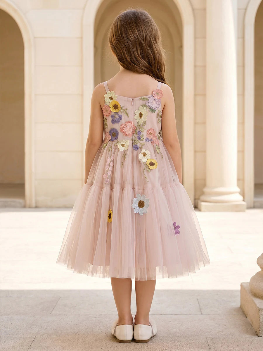 A-Line/Princess Scoop Sleeveless Tea-Length Flower Girl Dresses Tulle Floral