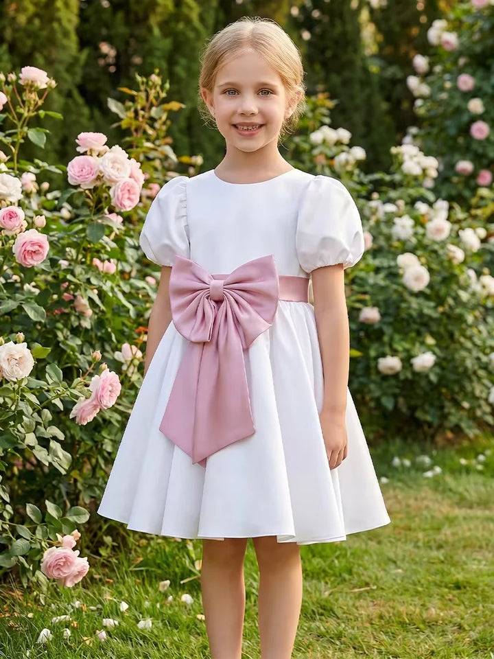 A-Line/Princess Scoop Puff Sleeves Knee-Length Flower Girl Dresses Satin with Bowkot