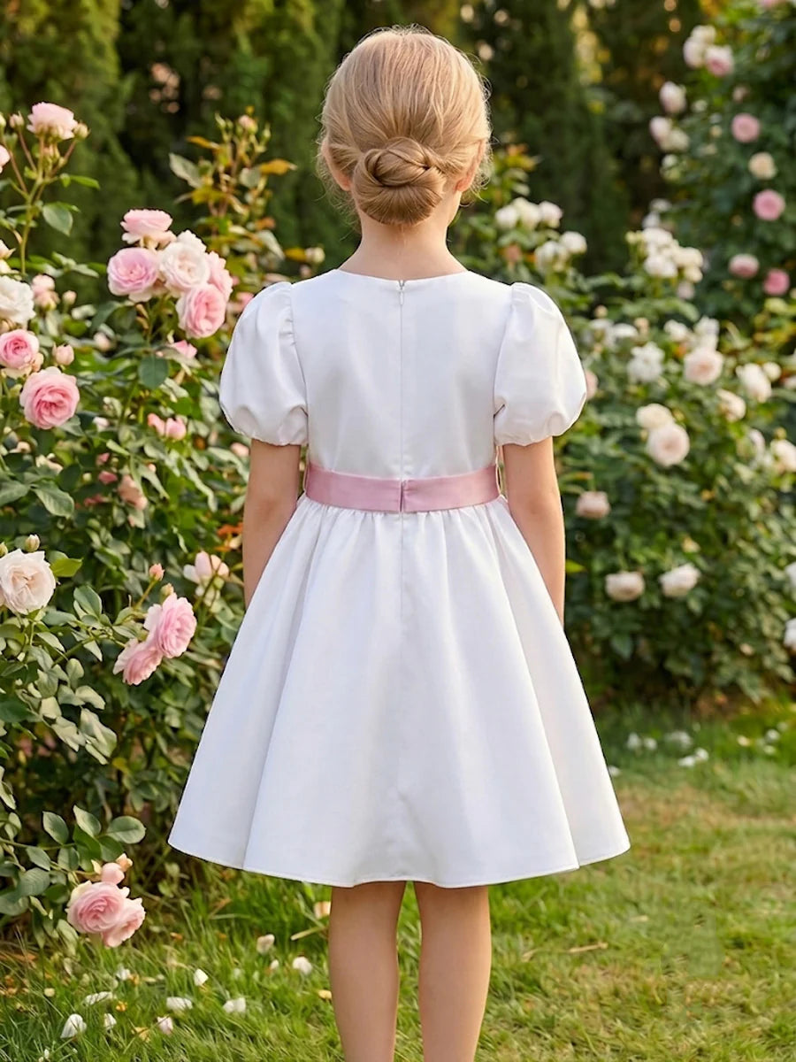 A-Line/Princess Scoop Puff Sleeves Knee-Length Flower Girl Dresses Satin with Bowkot