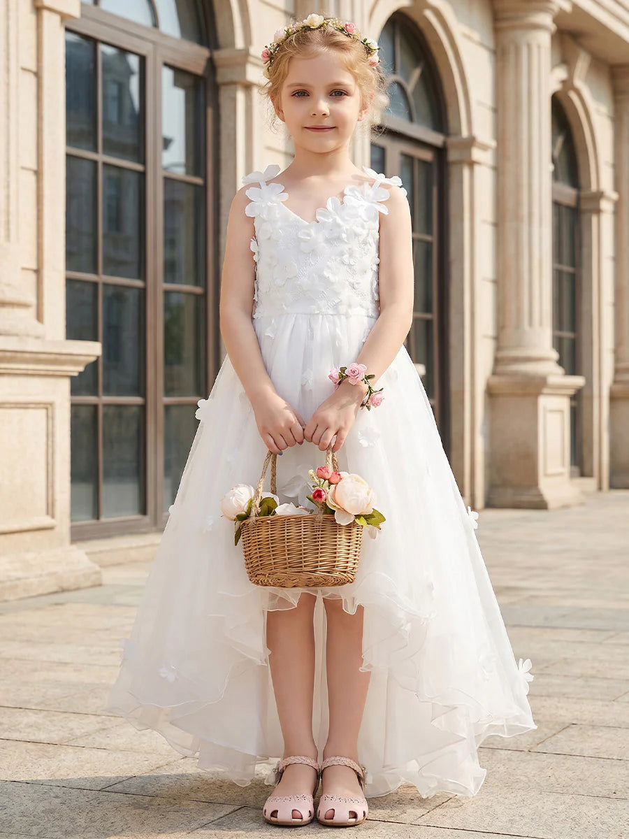 A-Line/Princess V-Neck Sleeveless High-Low Flower Girl Dresses Tulle with 3D Flowers&Bowknot