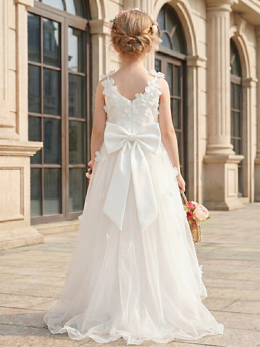 A-Line/Princess V-Neck Sleeveless High-Low Flower Girl Dresses Tulle with 3D Flowers&Bowknot