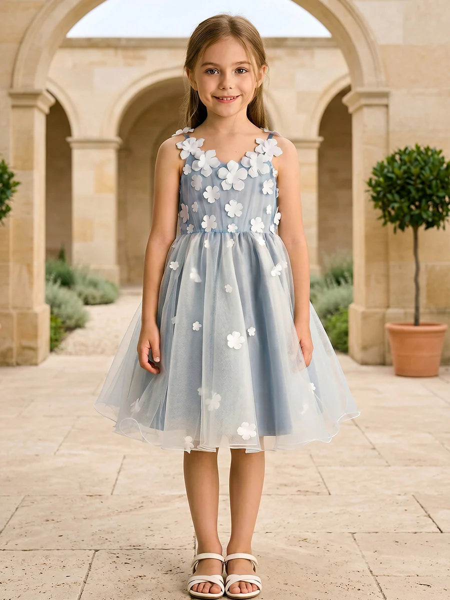 A-Line/Princess V-Neck Sleeveless Knee-Length Flower Girl Dresses Tulle with 3D Flowers&Bowknot