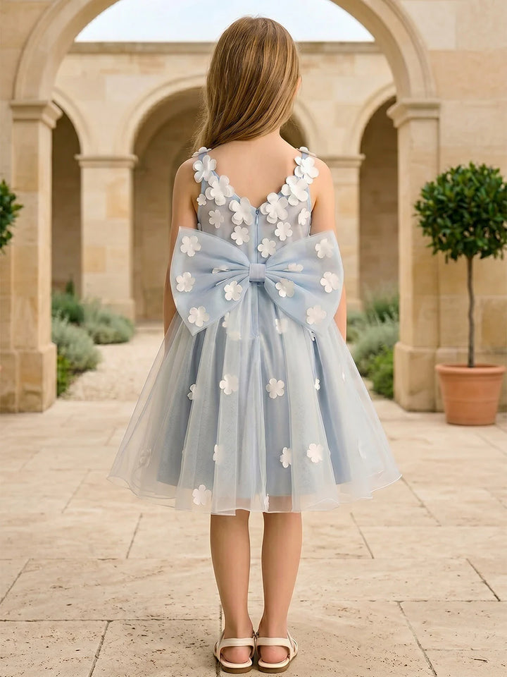 A-Line/Princess V-Neck Sleeveless Knee-Length Flower Girl Dresses Tulle with 3D Flowers&Bowknot