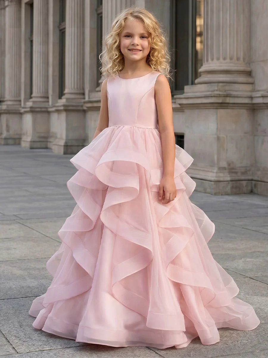 A-Line/Princess Scoop Sleeveless Floor-Length Flower Girl Dresses with Bowknot&Ruffles