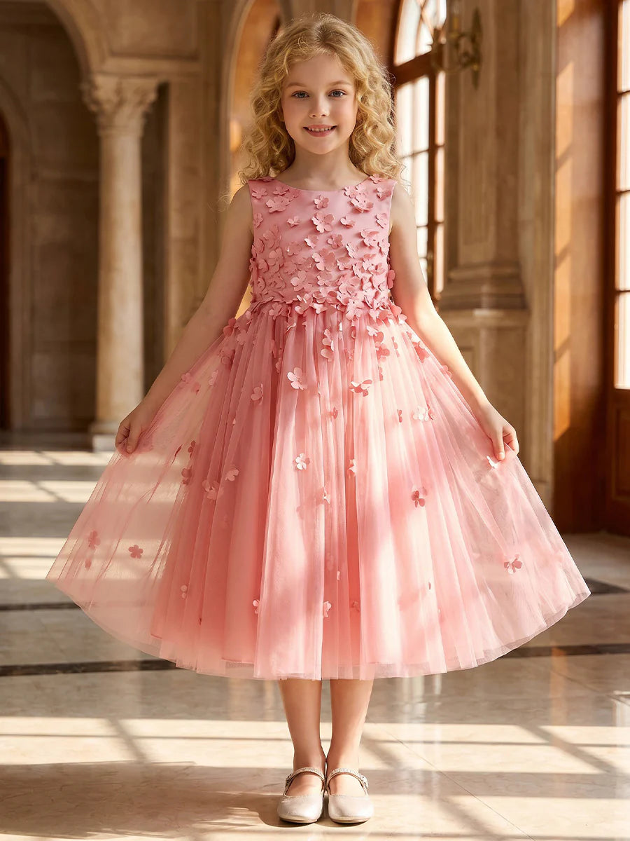 A-Line/Princess Scoop Sleeveless Tea-Length Flower Girl Dresses with 3D Flowers