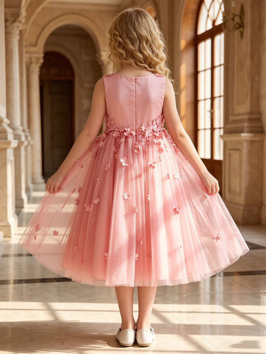 A-Line/Princess Scoop Sleeveless Tea-Length Flower Girl Dresses with 3D Flowers