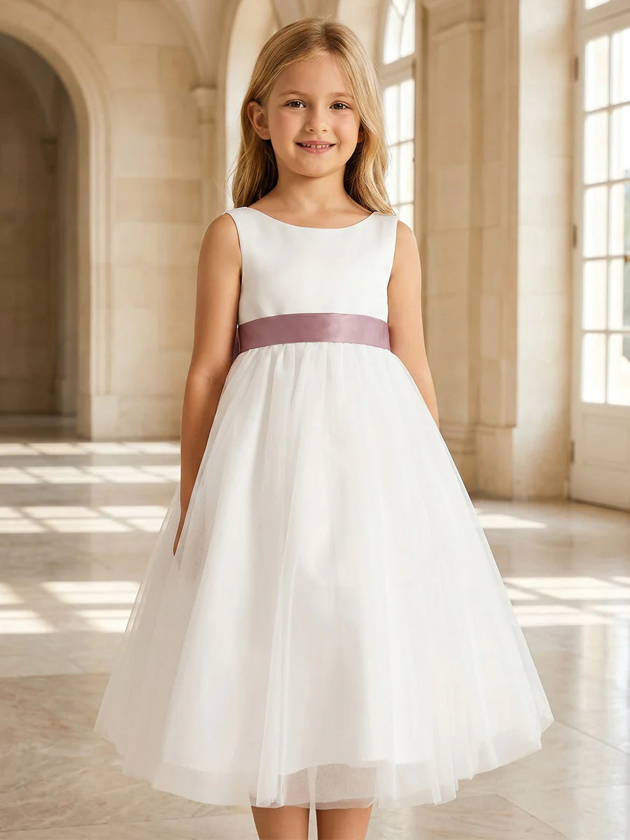 A-Line/Princess Scoop Sleeveless Tea-Length Flower Girl Dresses with Bowknot