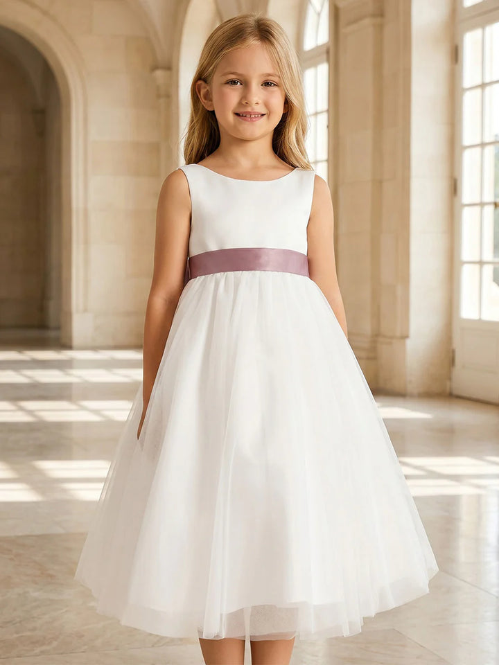 A-Line/Princess Scoop Sleeveless Tea-Length Flower Girl Dresses with Bowknot