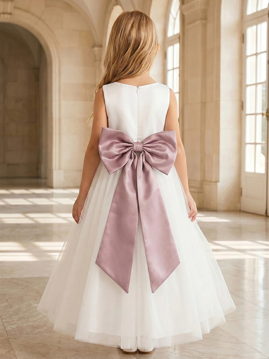 A-Line/Princess Scoop Sleeveless Tea-Length Flower Girl Dresses with Bowknot