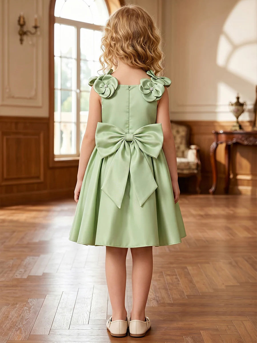 A-Line/Princess Scoop Sleeveless Knee-Length Flower Girl Dresses Satin with Bowknot&3D Flowers
