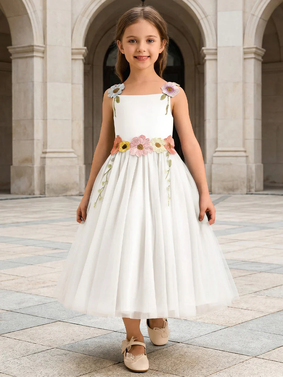 A-Line/Princess Scoop Sleeveless Tea-Length Flower Girl Dresses with 3D Flowers