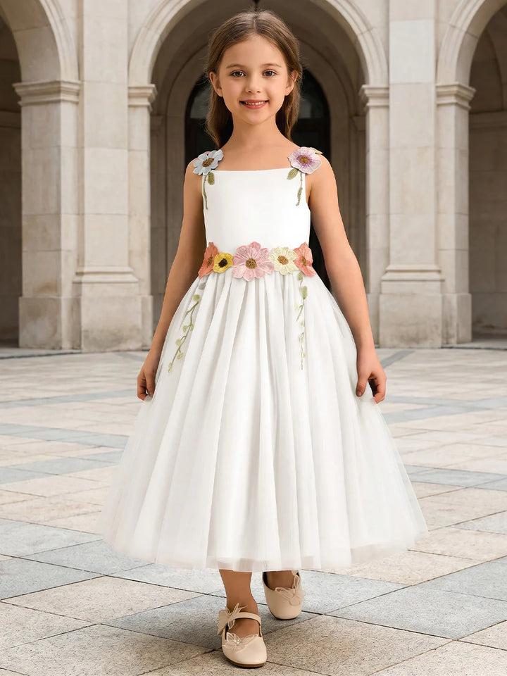 A-Line/Princess Scoop Sleeveless Tea-Length Flower Girl Dresses with 3D Flowers