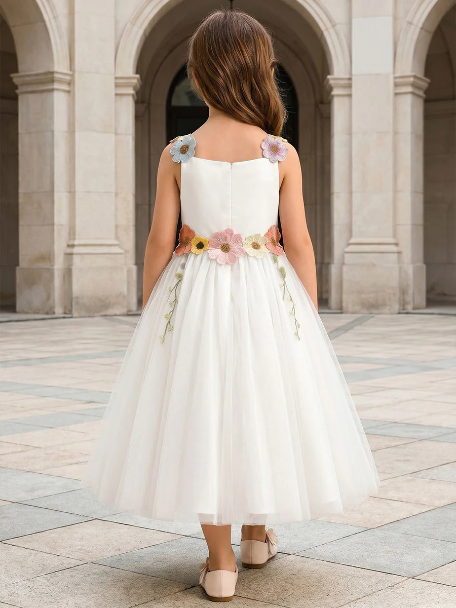 A-Line/Princess Scoop Sleeveless Tea-Length Flower Girl Dresses with 3D Flowers