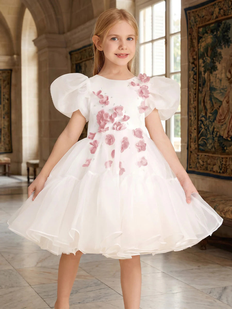 A-Line/Princess Scoop Puff Sleeves Knee-Length Flower Girl Dresses with 3D Flowers