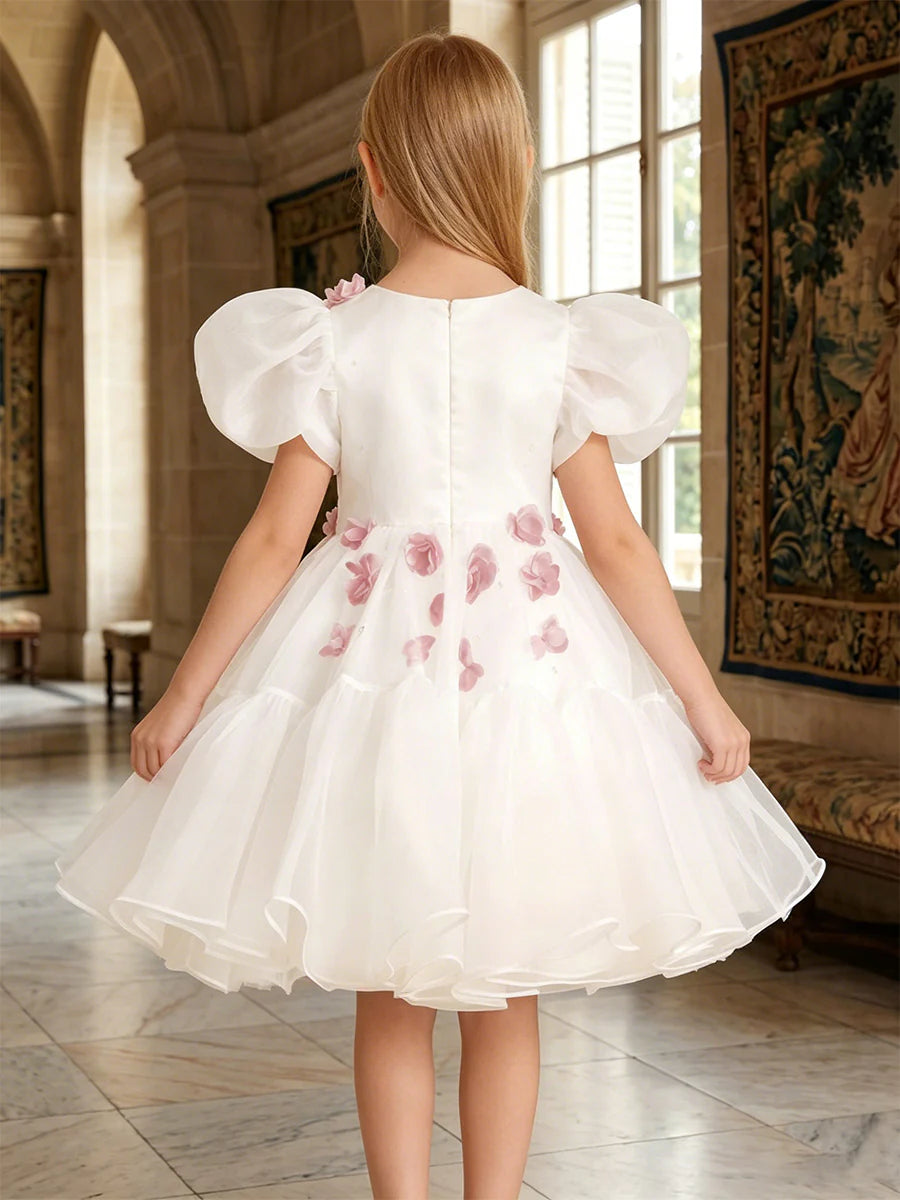A-Line/Princess Scoop Puff Sleeves Knee-Length Flower Girl Dresses with 3D Flowers