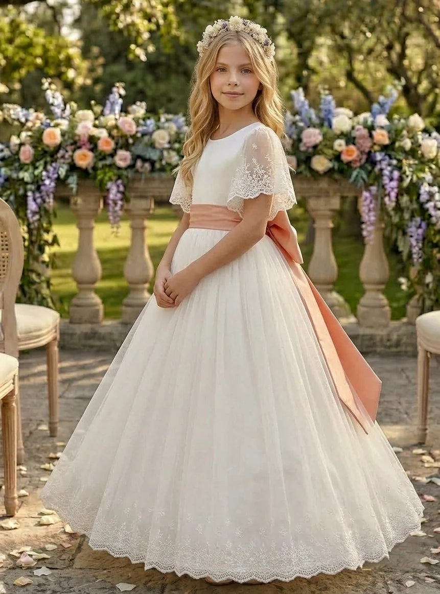 A-Line/Princess Scoop Tulle Flower Girl Dresses with Bowknot Short Sleeves Floor Length Lace