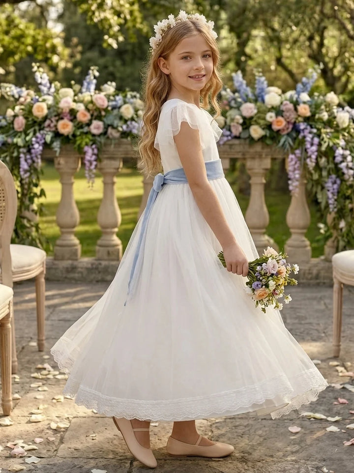 A-Line/Princess Scoop Tulle Flower Girl Dresses with Bowknot Puff Sleeves Ankle Length Lace