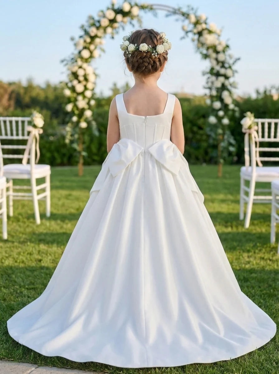 A-Line/Princess Square Neck Satin Flower Girl Dresses With Bowknots Sleeveless Floor Length