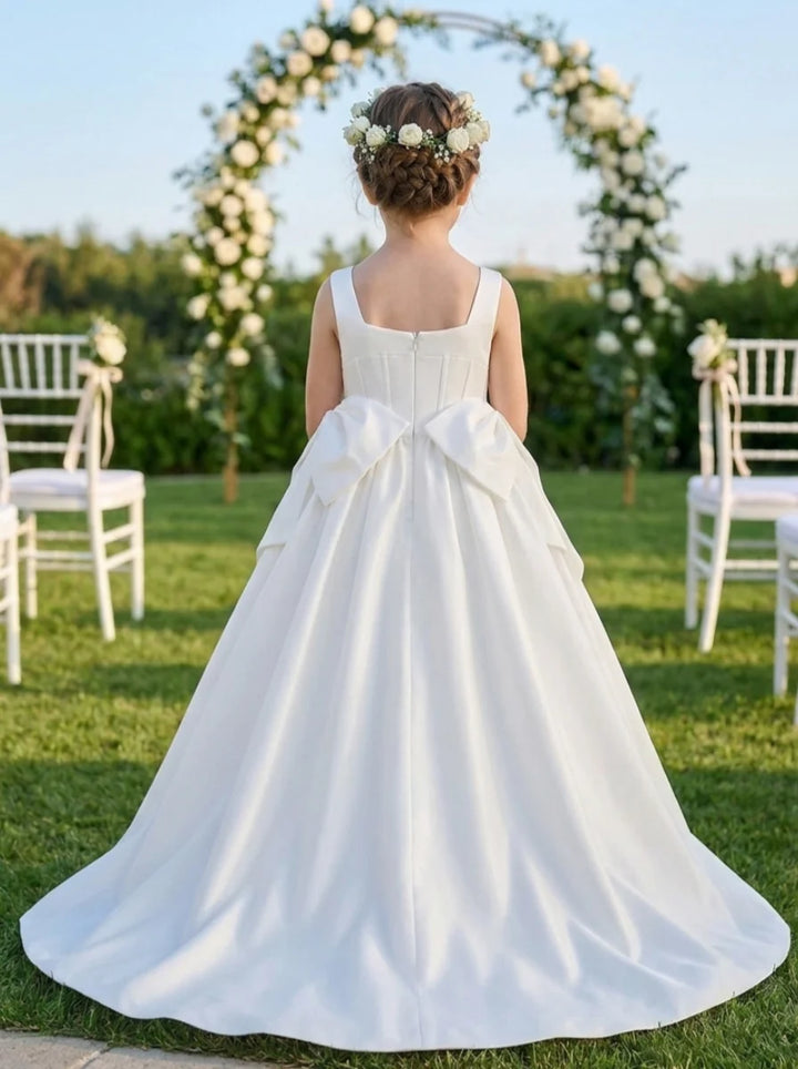 A-Line/Princess Square Neck Satin Flower Girl Dresses With Bowknots Sleeveless Floor Length