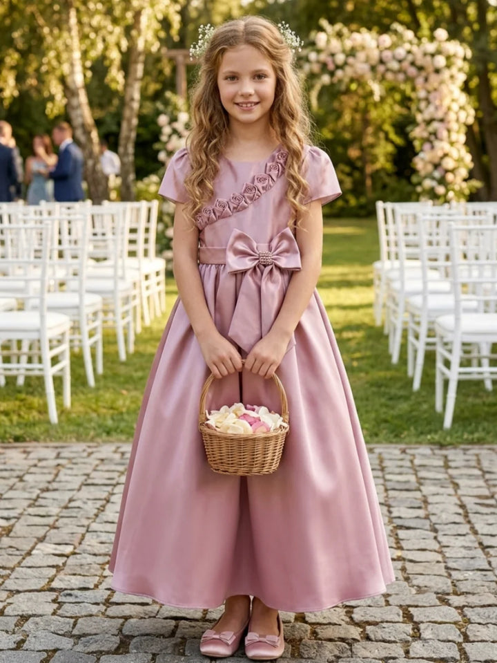 A-Line/Princess Scoop Satin Flower Girl Dresses Short Sleeves Ankle-Length With Bowknot &amp; 3D Flowers