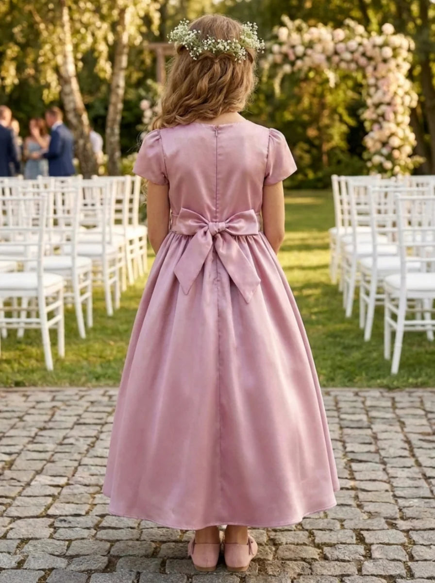 A-Line/Princess Scoop Satin Flower Girl Dresses Short Sleeves Ankle-Length With Bowknot &amp; 3D Flowers