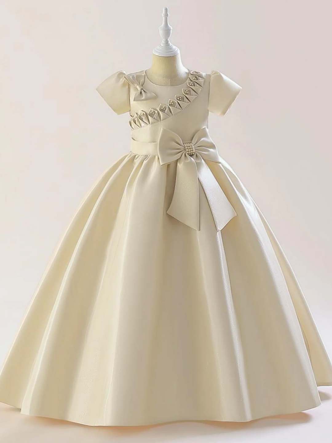 A-Line/Princess Scoop Satin Flower Girl Dresses Short Sleeves Ankle-Length With Bowknot &amp; 3D Flowers