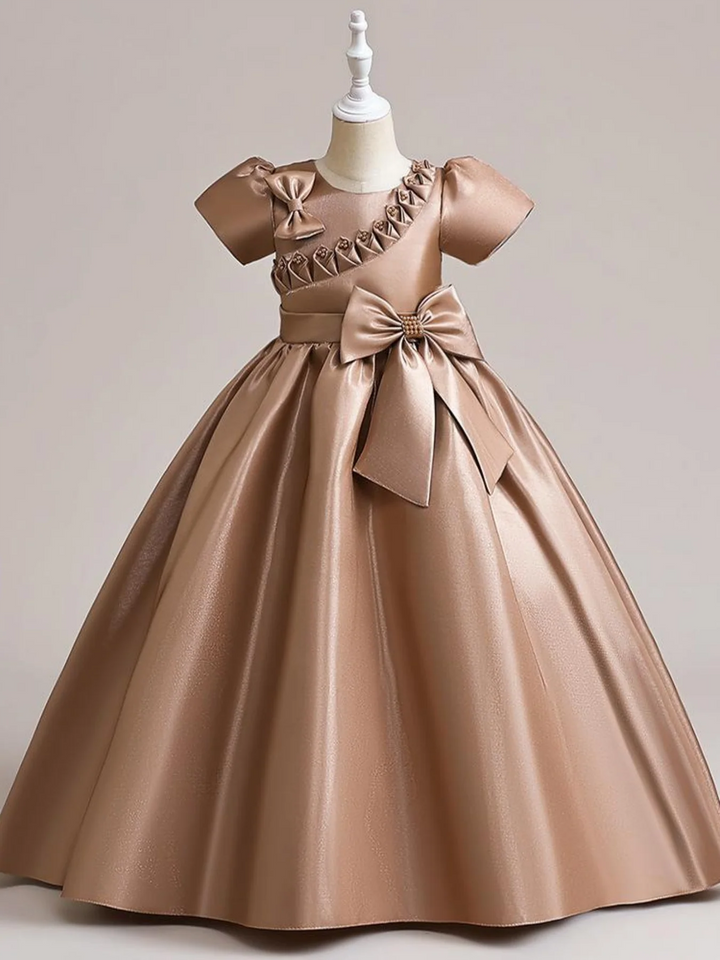 A-Line/Princess Scoop Satin Flower Girl Dresses Short Sleeves Ankle-Length With Bowknot &amp; 3D Flowers