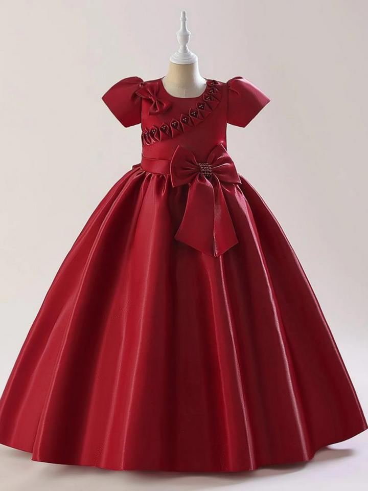 A-Line/Princess Scoop Satin Flower Girl Dresses Short Sleeves Ankle-Length With Bowknot &amp; 3D Flowers