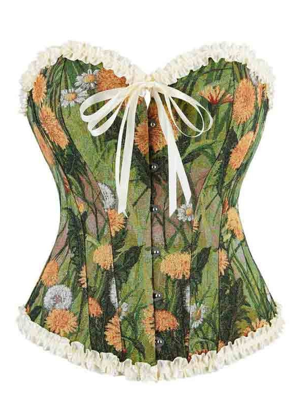 Women's Floral Corset Strapless Boned Bustier with Ruffled Edges & Front Bow