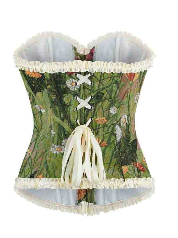 Women's Floral Corset Strapless Boned Bustier with Ruffled Edges & Front Bow