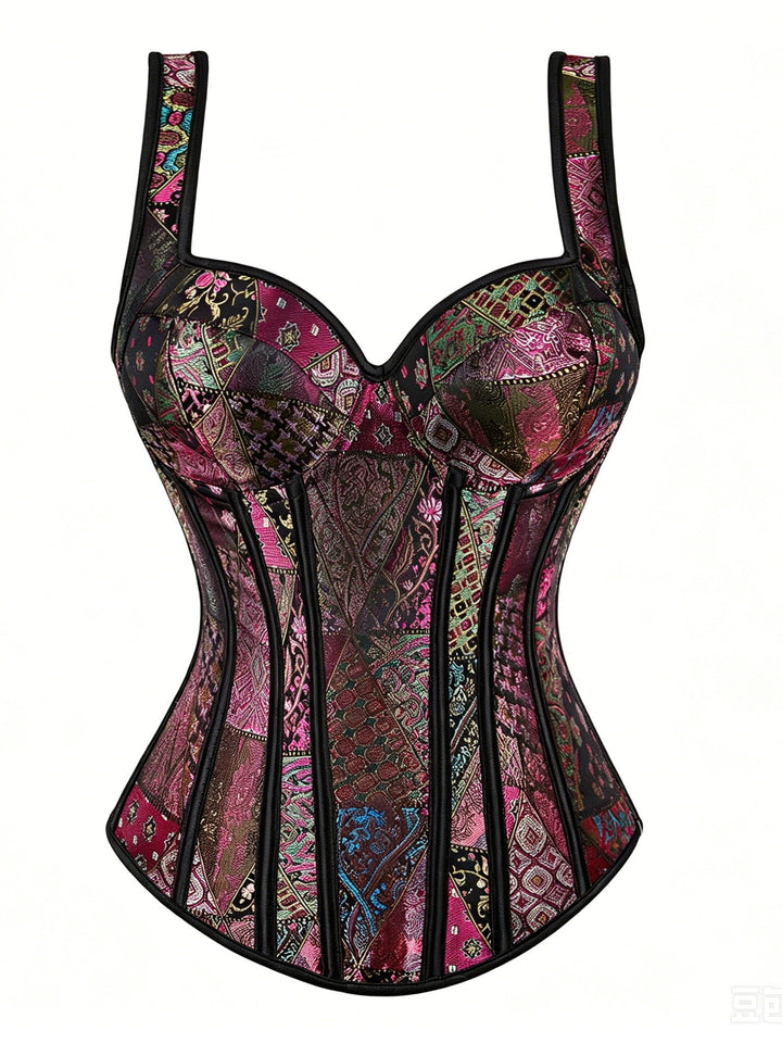 Women's Floral Jacquard Corset Structured Bustier with Sweetheart Neck