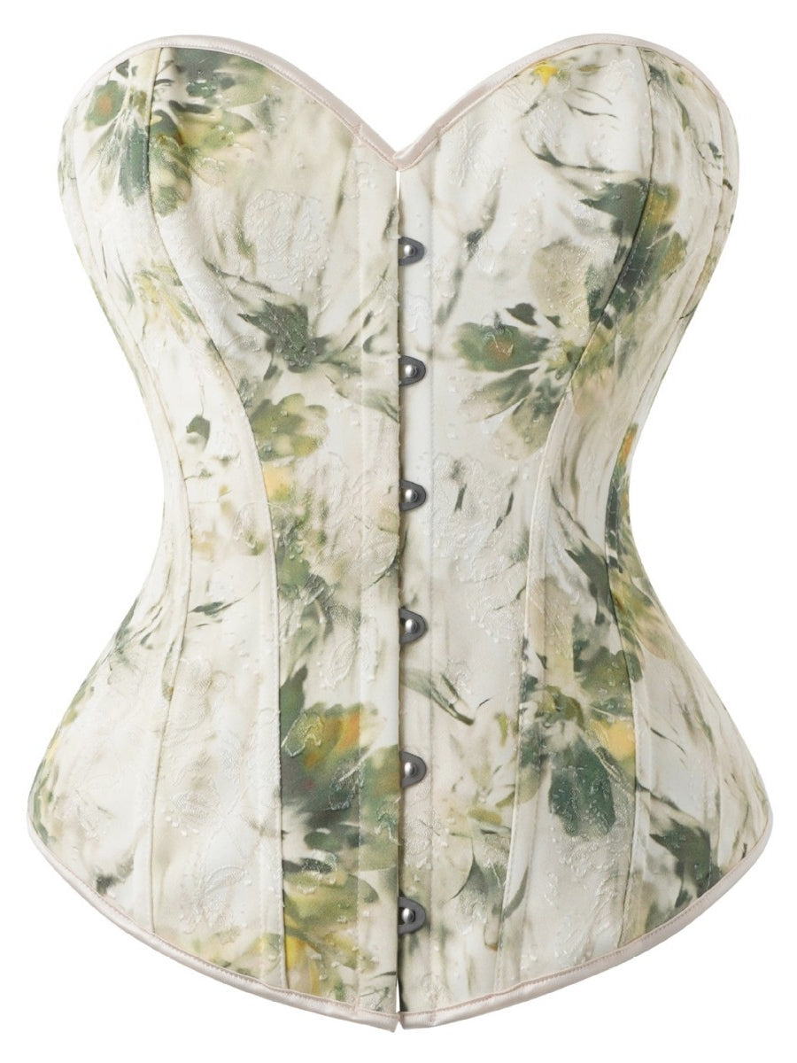 Women's Light Green Floral Corset Strapless Jacquard Bustier with Front Lacing