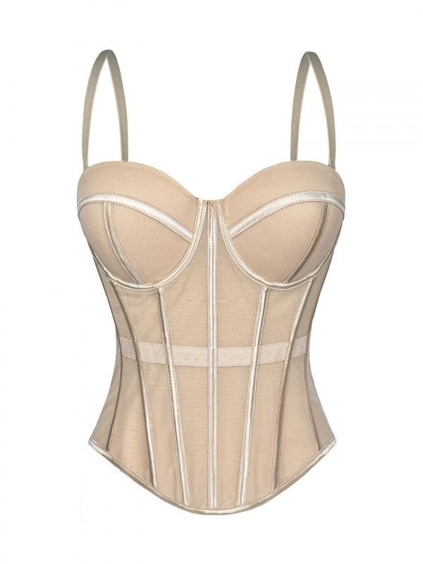 Women's Mesh Corset Sweetheart Neck Boned Bustier with Straps