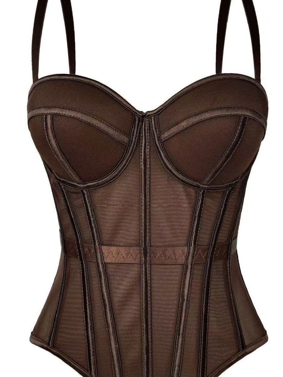 Women's Mesh Corset Sweetheart Neck Boned Bustier with Straps
