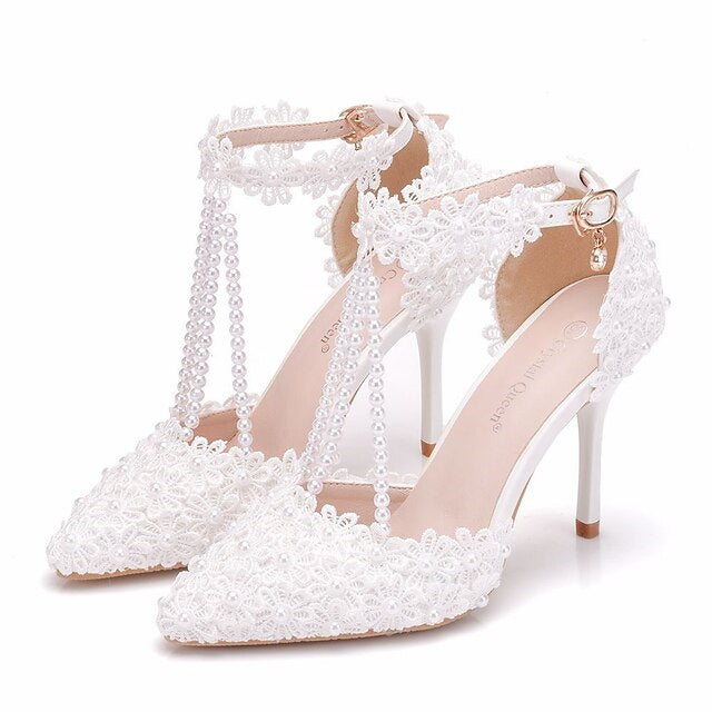 Women's Wedding Shoes Lace High Heel Pointed Toe Wedding Heels Bridal Shoes