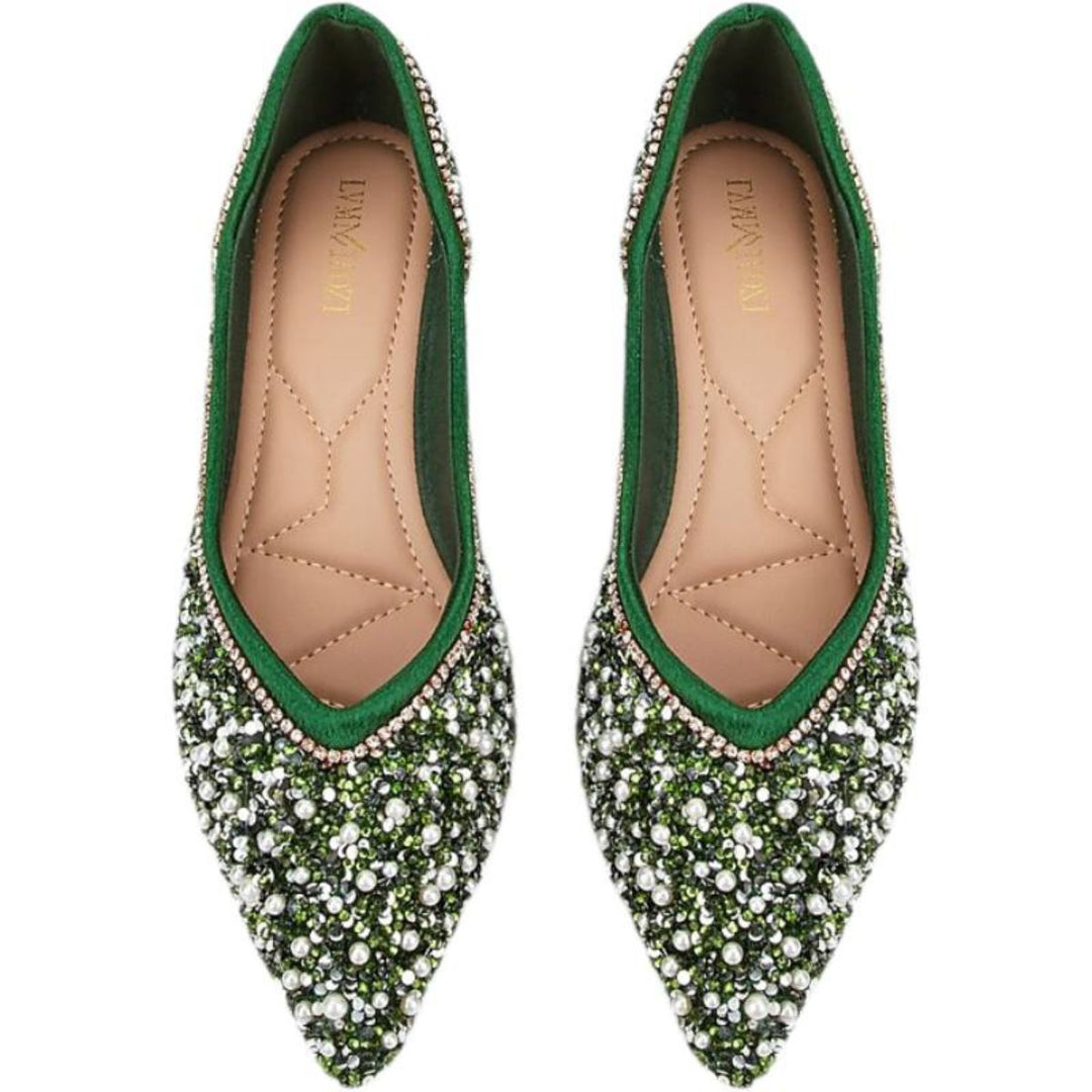 Women's Wedding Shoes Green Pointed Toe Flat Heel Bridal Shoes with Pearls