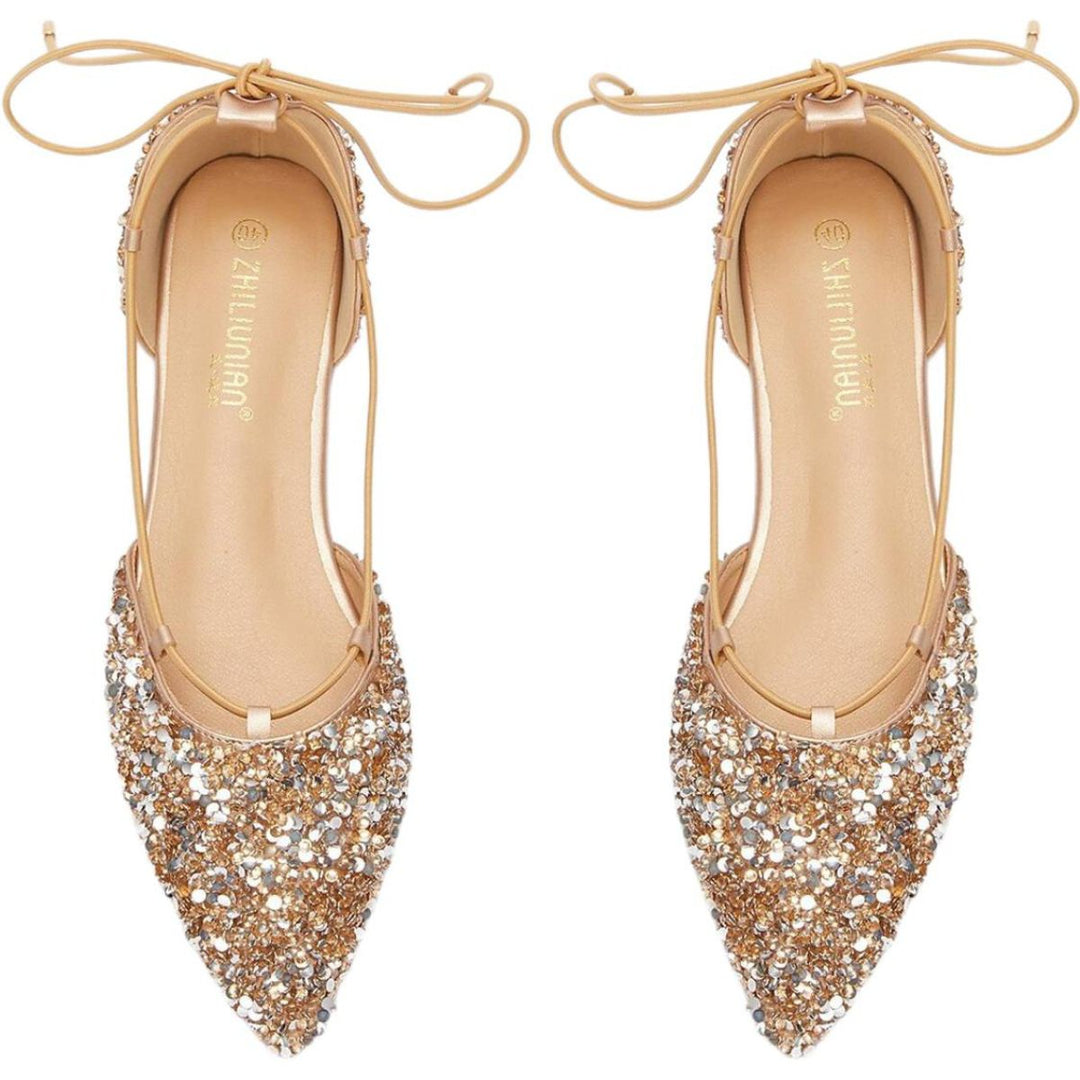 Women's Wedding Shoes Gold Pointed Toe Lace-up Flat Heel Bridal Shoes