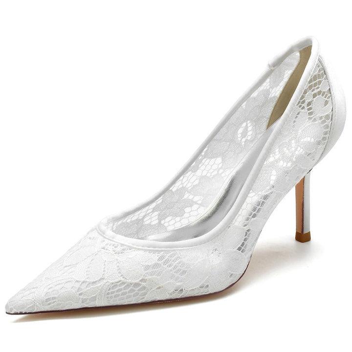 Women's Wedding Shoes Pointed Toe High Heel Simple Bridal Shoes with Lace Appliques