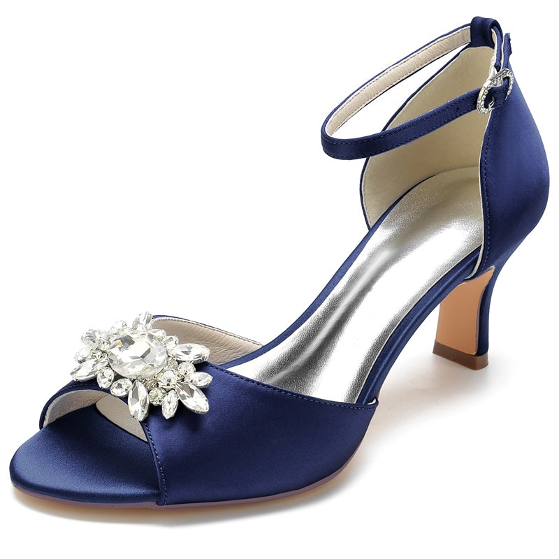 Women's Wedding Shoes Opened Toe Block Heel Buckle Bridal Shoes with Rhinestone