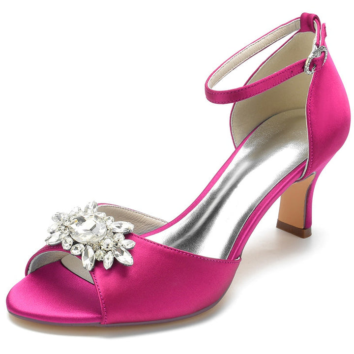 Women's Wedding Shoes Opened Toe Block Heel Buckle Bridal Shoes with Rhinestone