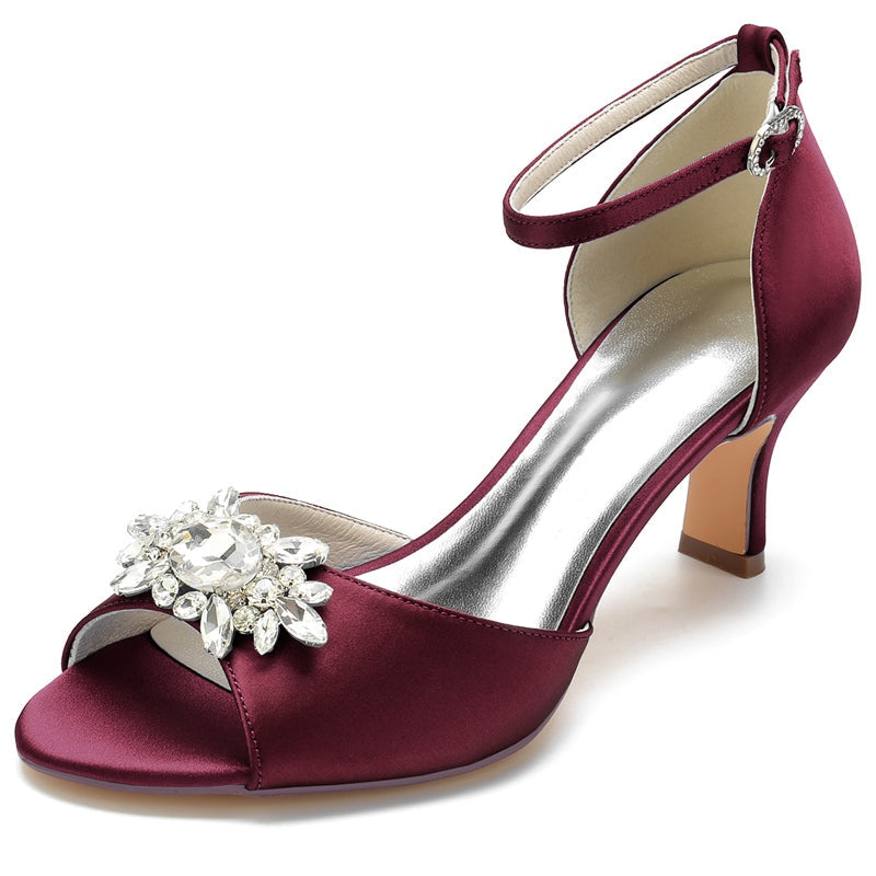 Women's Wedding Shoes Opened Toe Block Heel Buckle Bridal Shoes with Rhinestone